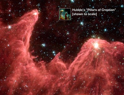 Spitzer-Weltraumteleskop-Falschfarbenbild von Bergen, in denen Sterne geboren werden. Genannt Berge der Schöpfung, die hoch aufragenden Säulen aus kühlem Gas und Staub sind an den Spitzen mit Licht von Embryosternen beleuchtet. NASA. von National Aeronautics and Space Administration National Aeronautics and Space Administration